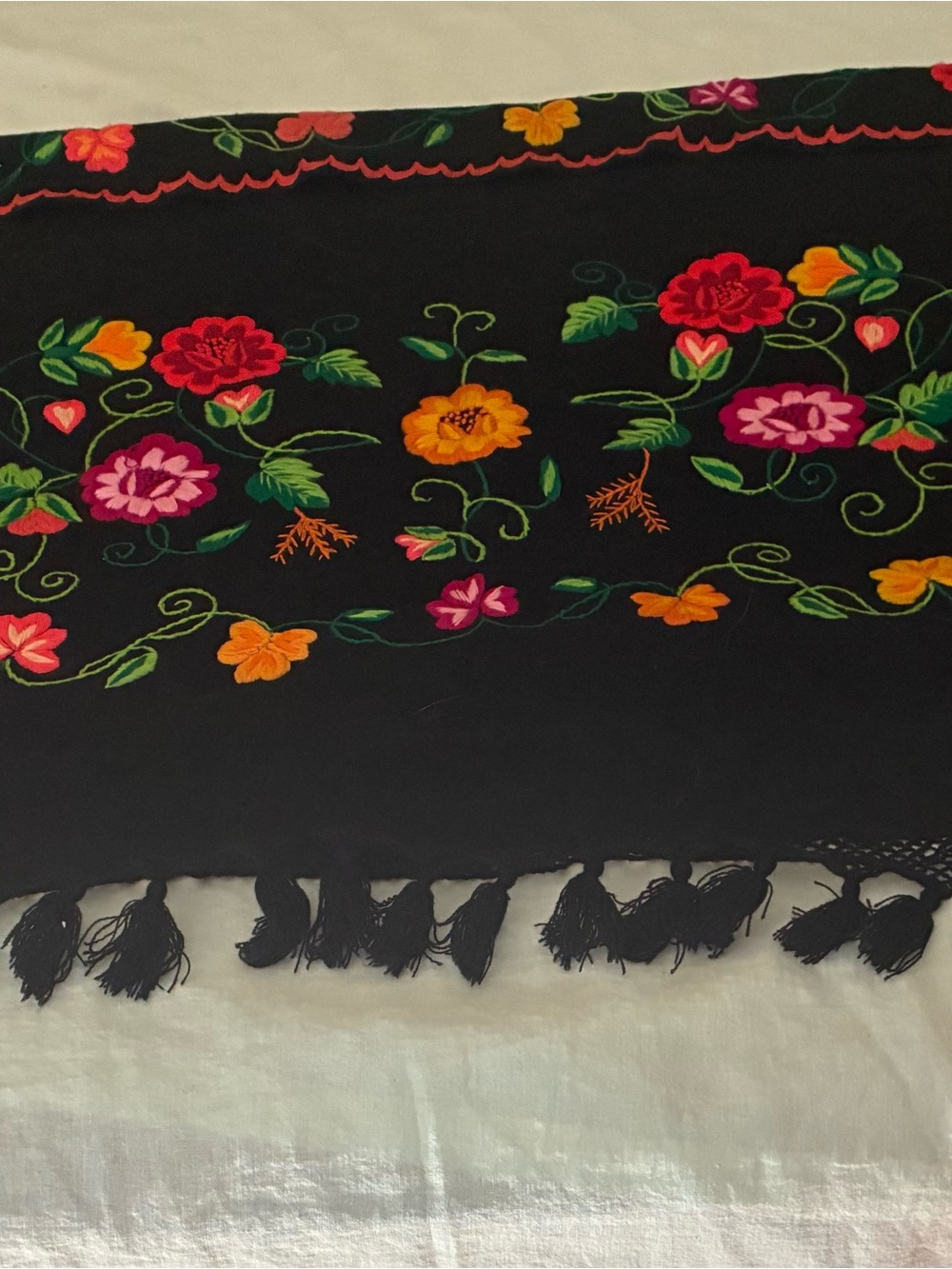 Fringed black wool embroidered shawl